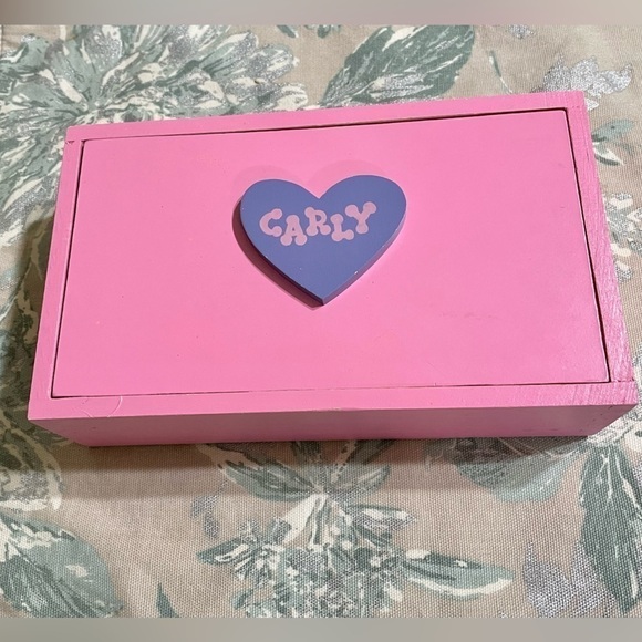 Trinket Box Hand Painted Pink & Purple Wooden Carly Heart Vintage 80s - Picture 1 of 8